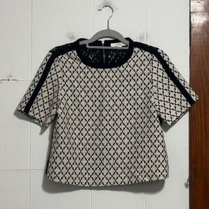 Piperlime Collection Black White Geometric Lace Trim Short‎ Sleeve Top XS